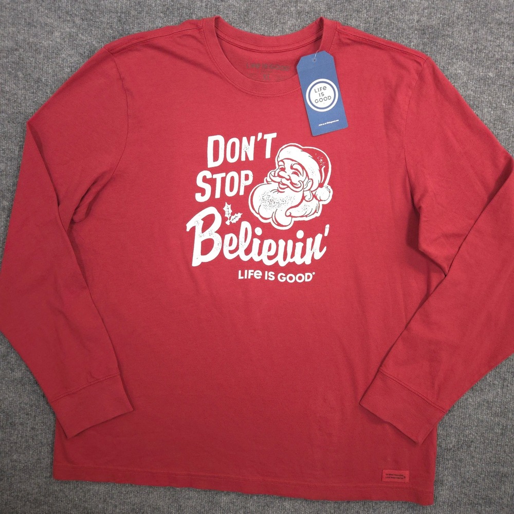Life Is Good Shirt Mens XL Red Santa Claus Holiday Graphic Long Sleeve Crew NEW